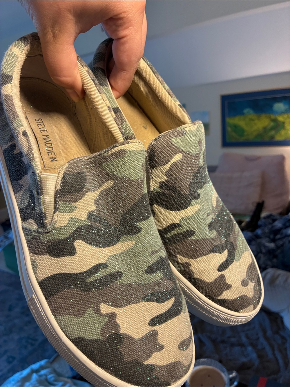 Steve Madden Whimsical Sparkly Camo Mini Platform Slip on Sneakers